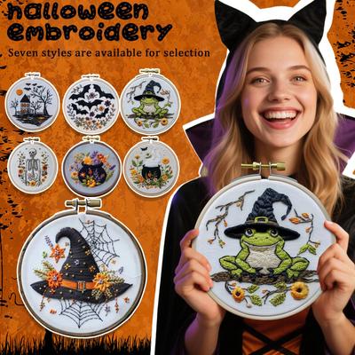 Kit de Bordado de Sombrero de Bruja Floral Halloween Set de Material de Punto de Cruz Con Patrones de Flores y Calabazas, Kit de Manualidades de Bordado DIY con Aguja a Mano Para Principiantes