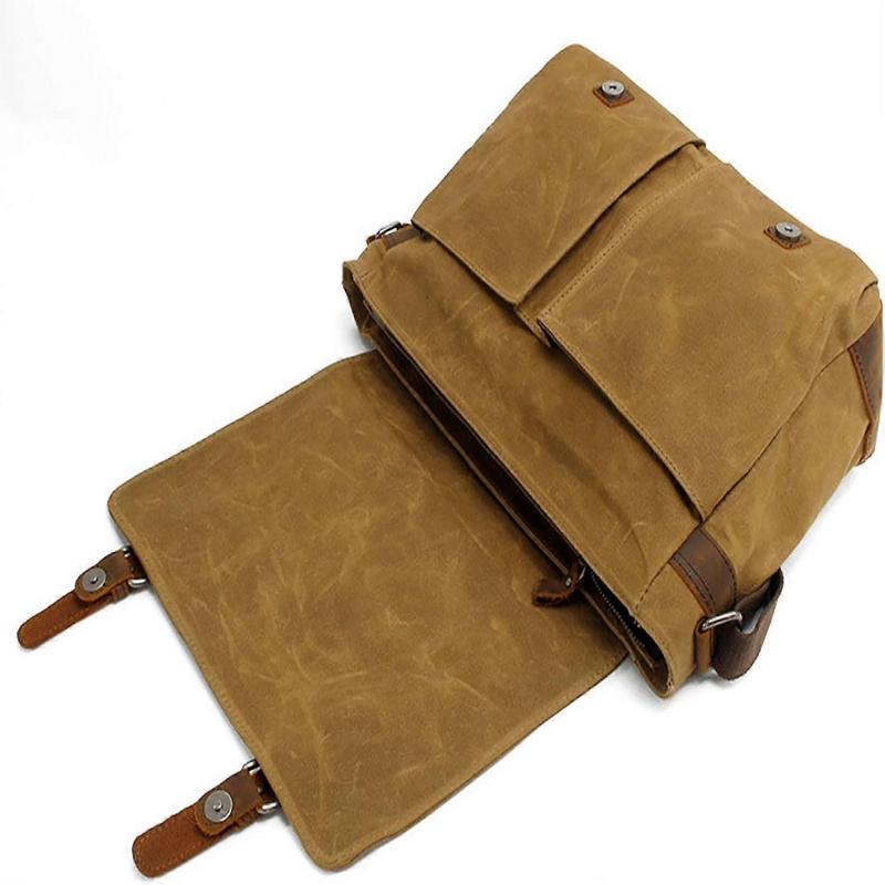 Waxed Canvas Messenger Bag for Laptop, Adjustable Shoulder Crossbody Satchel, Water-Resistant, 15-Inch, Brown Color