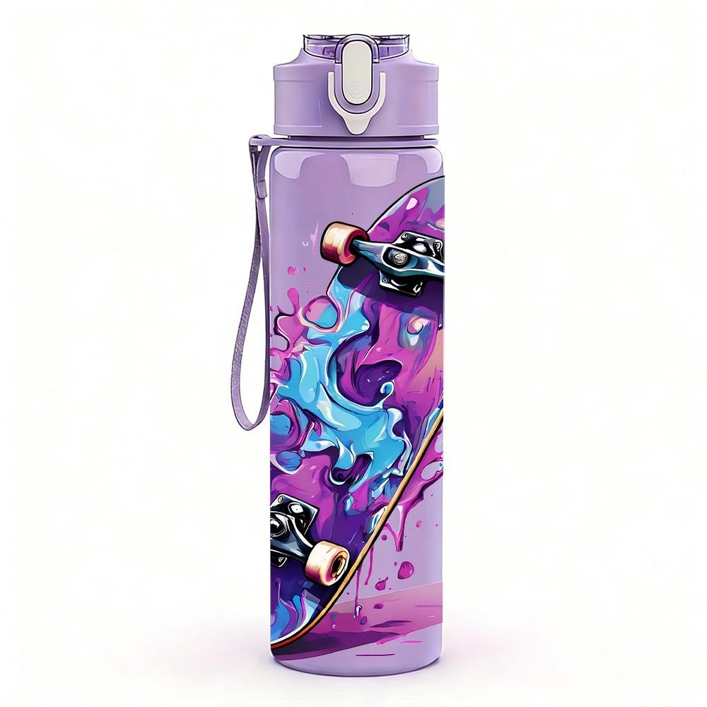 1PC Colorful Graffiti Skateboard Print 750ml Color Plastic Sports Water Bottle Leakproof Flip Straw Lid Suitable for Sports Office Home Use