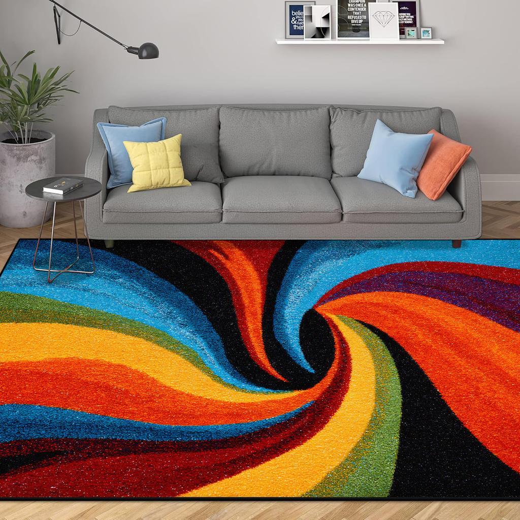Abstract Modern Geometric Area Rugs Bedroom Living Room Non-slip Floor Mat with Vortex Red Orange Dining Room Carpet Washable