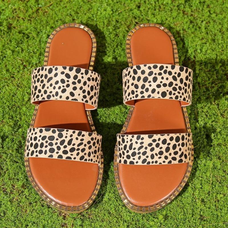 Damen Übergröße Leopardenmuster Flache Pantoletten, Lässige Sommer Sommerschuhe