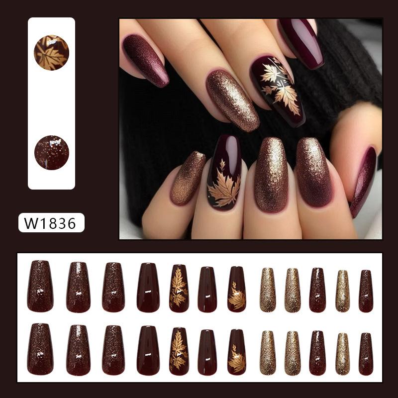 

Autumn and Winter Amber Gold Maple Leaf Autumn and Winter Atmosphere Medium and Long Ballet Nail Ins Style Nail Art Pieces 24 Pieces