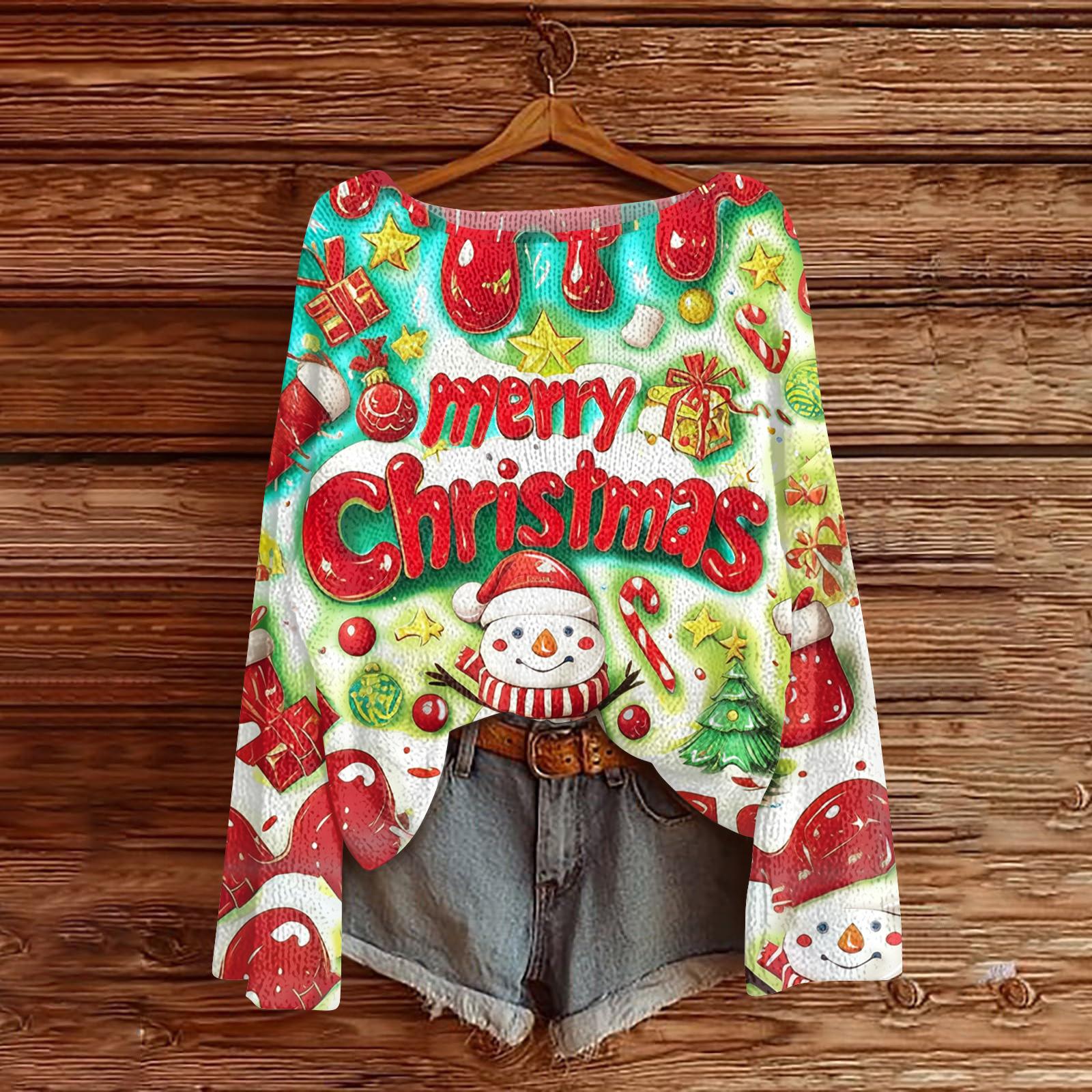 

Women s Fashion Round Neck Long Sleeve Christmas Print Casual Knit Pullover Top XL жёлтый