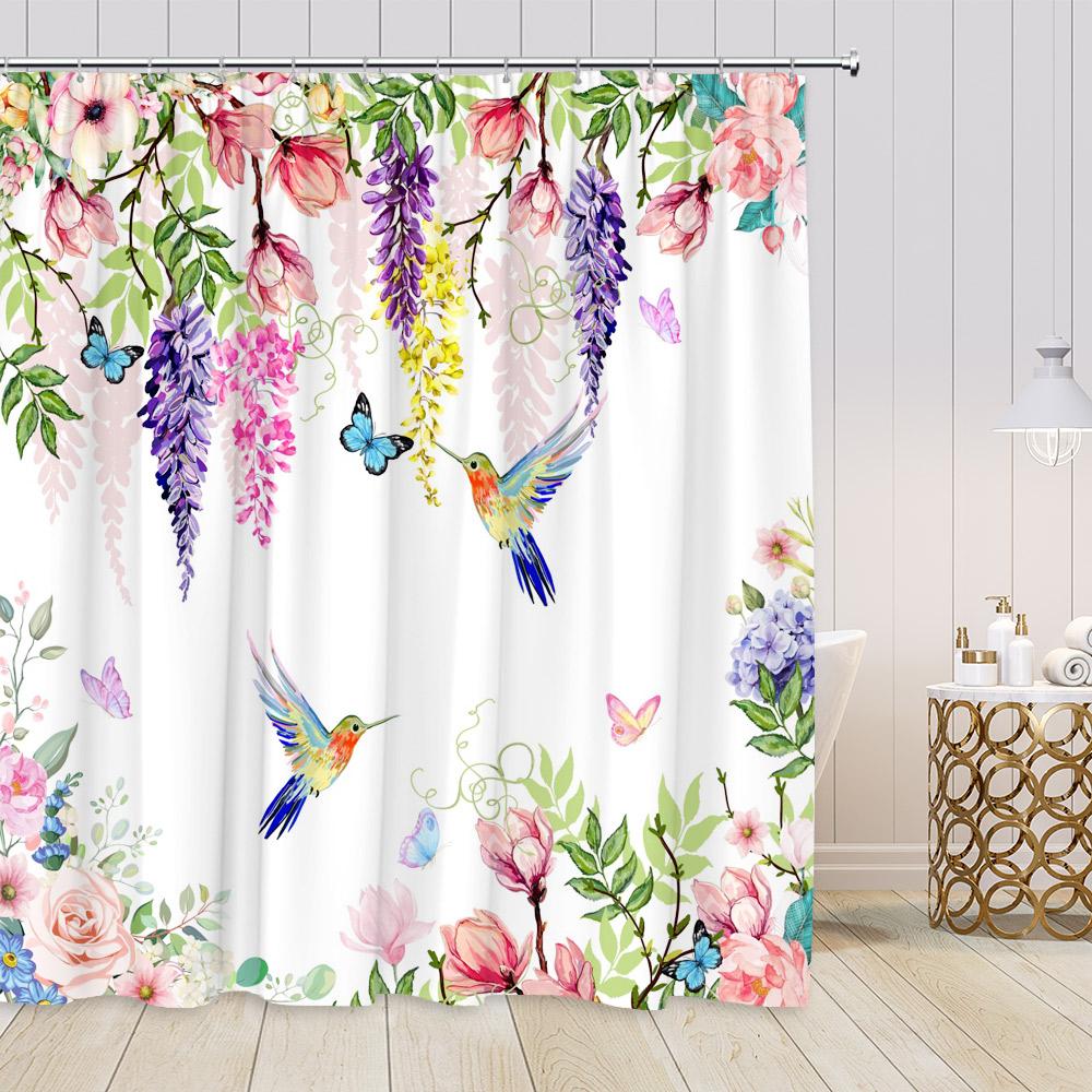 Hummingbird Floral Shower Curtains Birds Blooming Flowers Colorful Blossom Greenery Plants Modern Spring Bathroom Curtain Decor