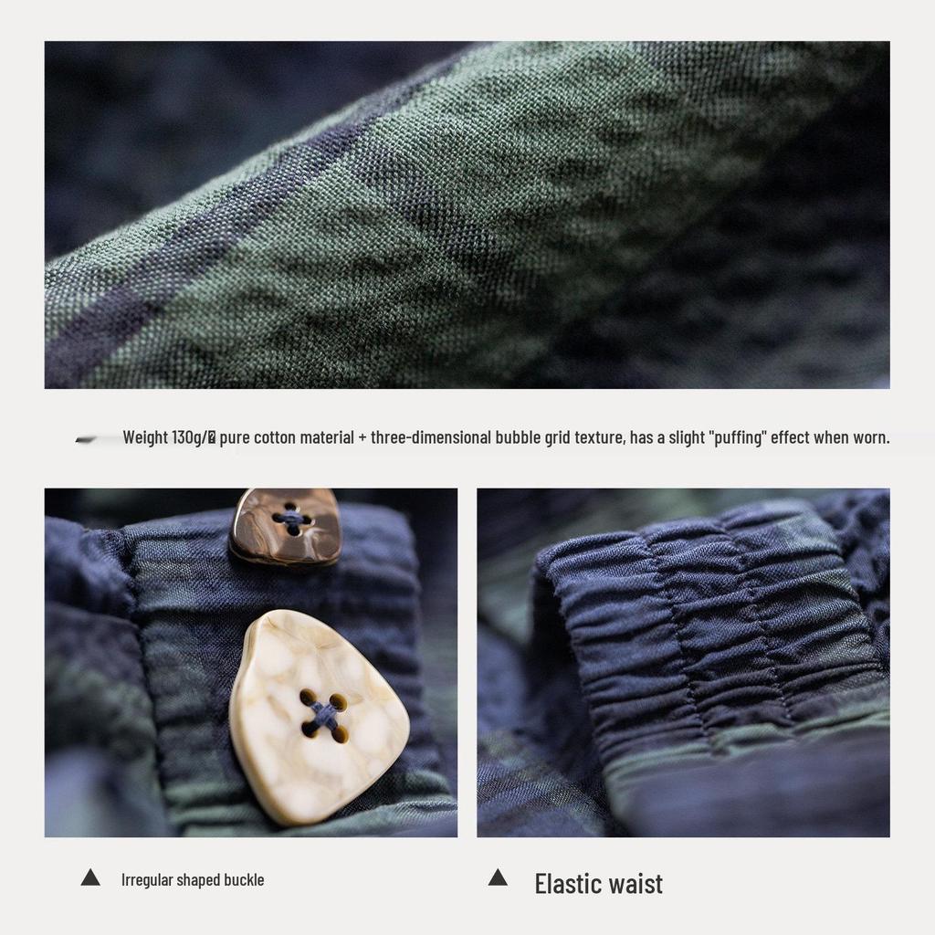 Maden Retro Cotton Gauze Plaid Maxi Skirt: Elastic Waist, Textured A-line Umbrella Design for Women