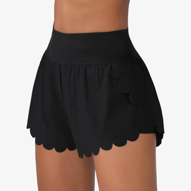 

Charmleaks Women Swim Shorts Side Split Scalloped Swim Trunk 2 in 1 Board Shorts with Pockets Swim Bottom S чёрный