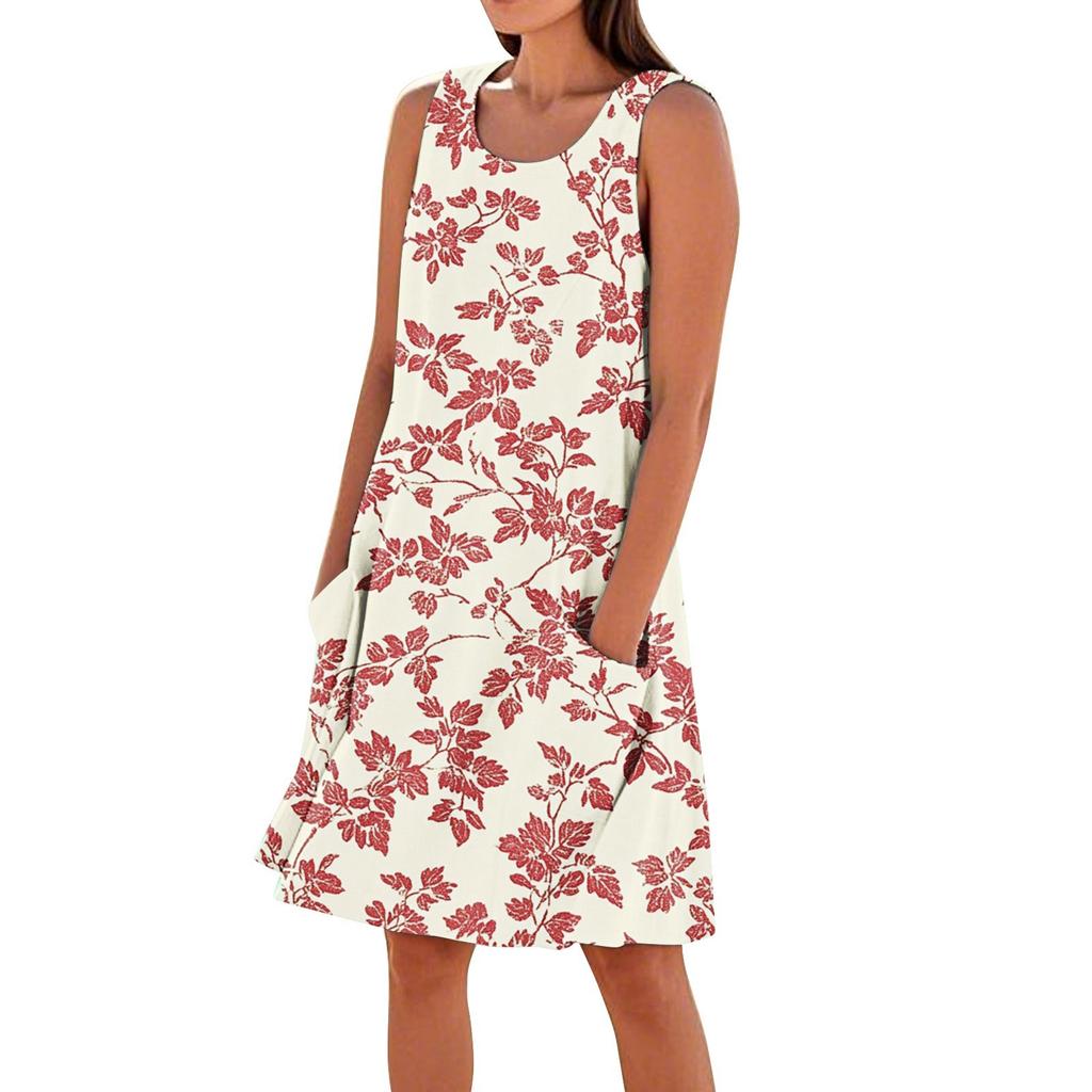 Women's Casual Summer Floral Print Sleeveless Pocket Dress