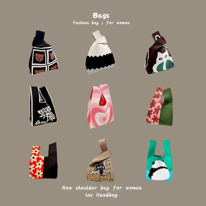Ins Trendy Handbag Women'S Knitted Wool Bucket Bag Hand Carry Casual Tote Bag Box Lunch Bag