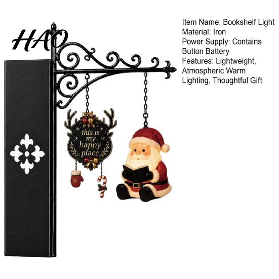 Reindeer Bookshelf Decoration Christmas Book Shelf Light, Iron Bookend Night Lamp with Santa Metal Stand Decor Snowman, Warm Glow Tabletop for