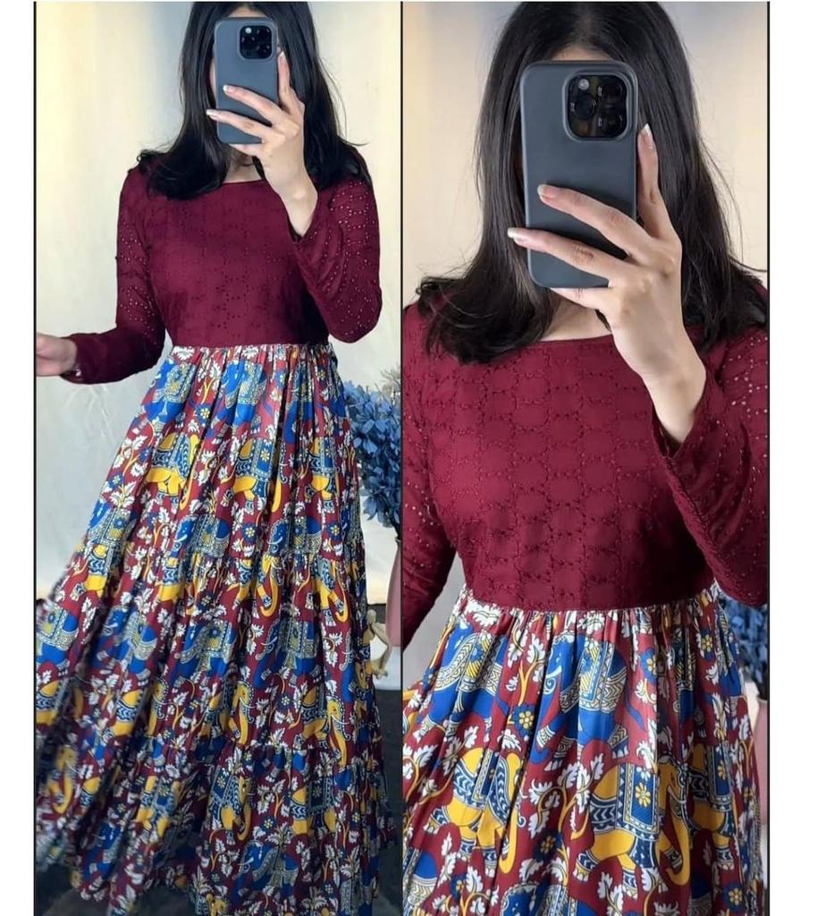 Beautiful Printed Chicken Shifli Cotton Midi Gown Dress Indian Party Wear Tunic Kurti Kurta