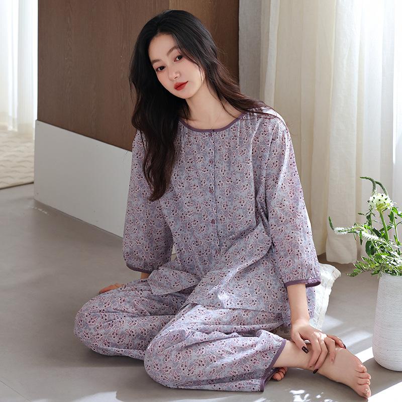Pajamas women's summer woven pure cotton seven-quarter sleeve gauze cotton thin middle-aged mother spring and autumn loungewear suit