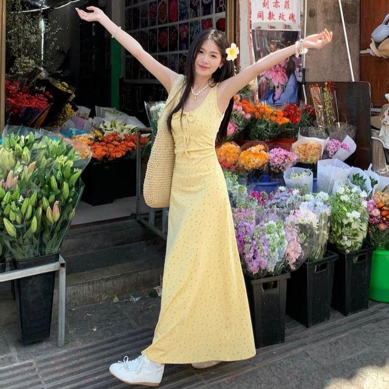 French floral bow suspender dress women's summer new temperament slim and thin chic long skirt