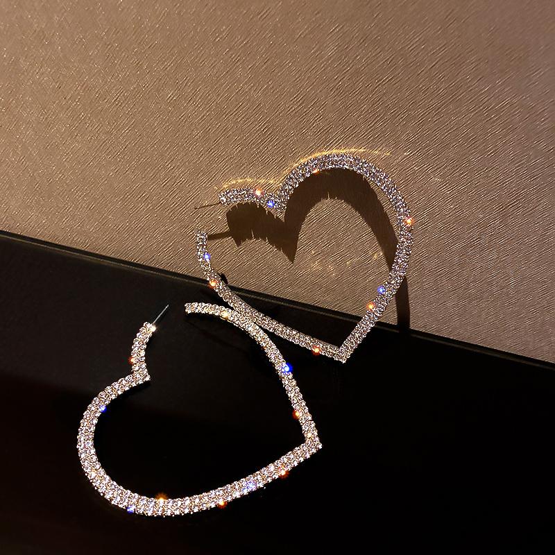 Zircon Rhinest Set Hollow Love Earrings for Women Korean Sweet Temperament Drop Earrings Exaggerated Luxury Wedding Zircon