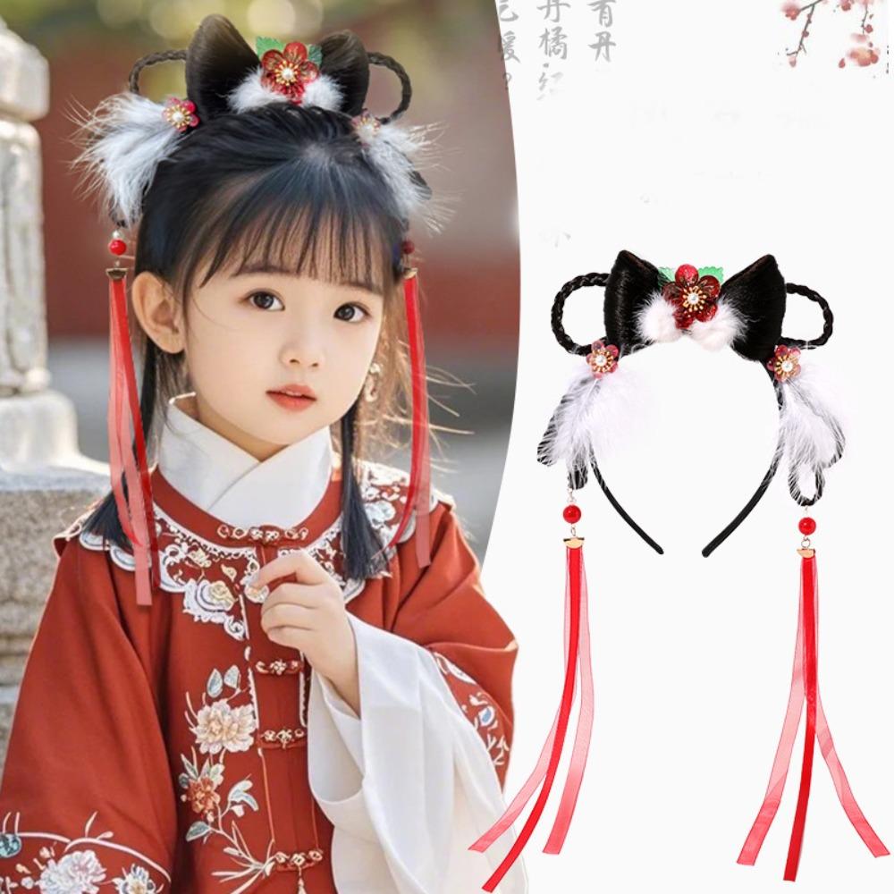 Braid Hair Chinese New Year Headwear Tassel Red Bow Hairband Simple Children Wig Headband  Children