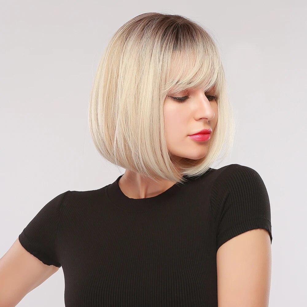 Peruci sintetice scurte drepte Bob cu breton pentru femei Ombre blond deschis Peruci Cosplay petrecere zilnic păr rezistente la căldură