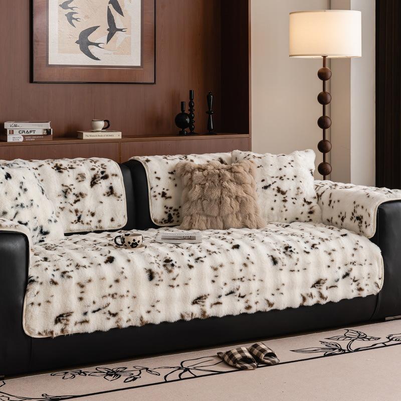 Premium Rabbit Plush Sofa Cushion  New Winter Plush Straight Row Leather Sofa Seat Cushion Non-Slip Armrest Cover