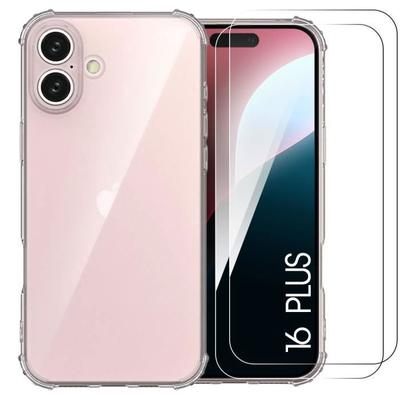 Protective Case - Silicone - for iPhone 16 Plus - Shockproof - Transparent - 2 Tempered Glasses