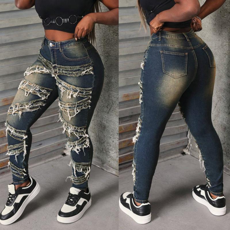 2026 New Street Fashion Distressed Stretch Patchwork Jeans for Women Casual Slim-Fit Pants