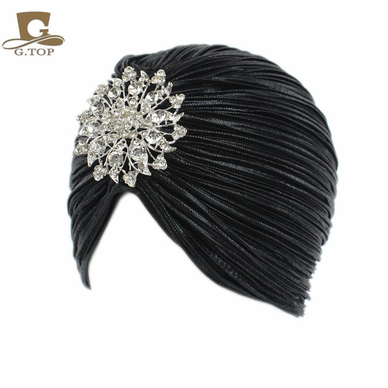 Noble gold pleated Indian hat headscarf hat with gold brooch accessories TJMG warm