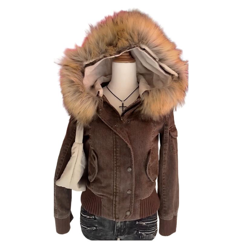 Fur Collar Decorative Hooded Jacket Zipper Snap Button Cotton Jacket Brown Ladies Coat Autumn and Winter New Style Warm Jacket