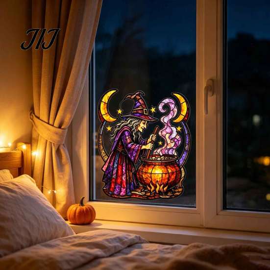 Seasonal Party Theme Decors Halloween Witch And Medicine Cauldron Window Sticker, Stained Glass Effect PVC Decal Durable Vinyl Clings for Doors