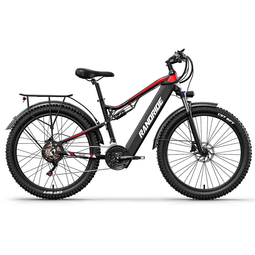 Randride YG90B Electric Mountain Bike, 1000W, 48V 17Ah, 27.5"x2.4" Fat Tire, 21-Speed, Full Suspension,  Hydraulic Brakes