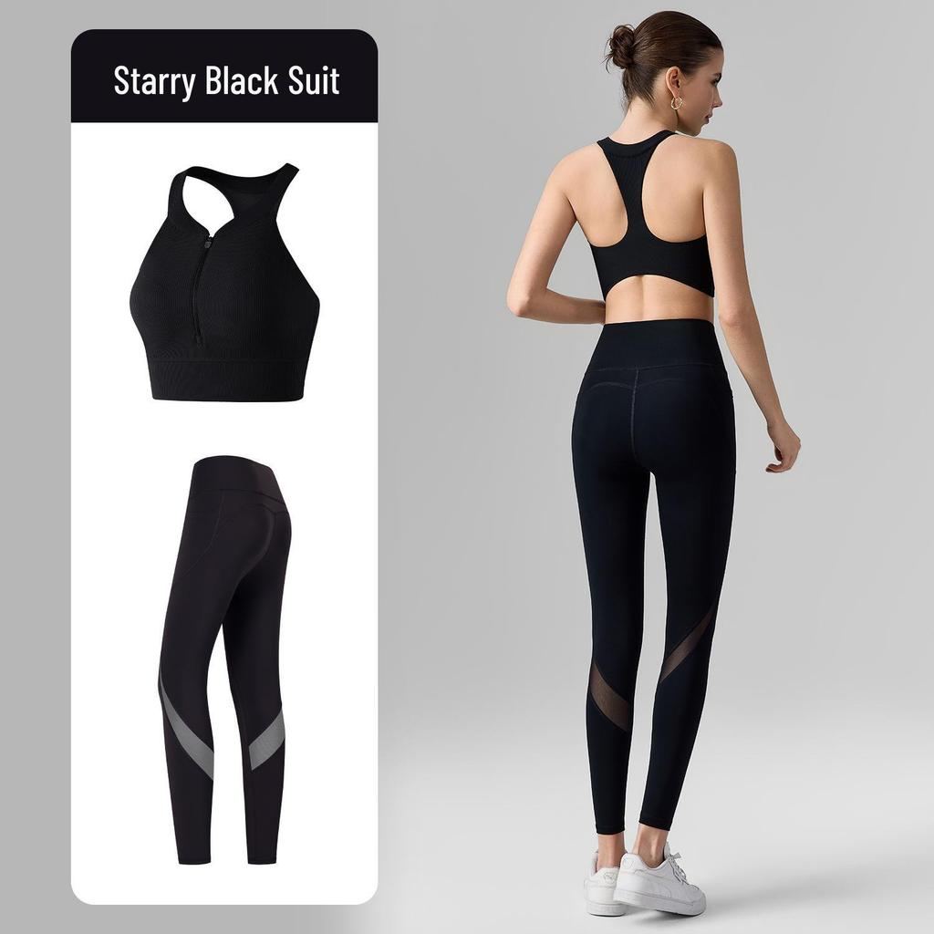 Women's High-Intensity Yoga Set: Zipper Sports Bra & Mesh Leggings with Pocket