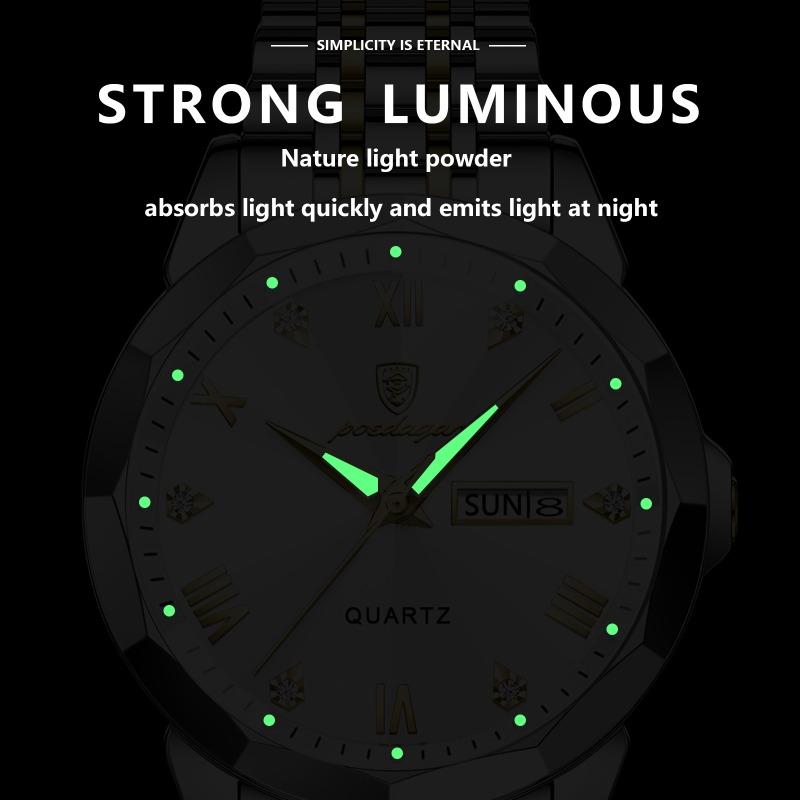 POEDAGAR Orologio da uomo di lusso originale impermeabile luminoso con data settimana acciaio inossidabile quarzo moda