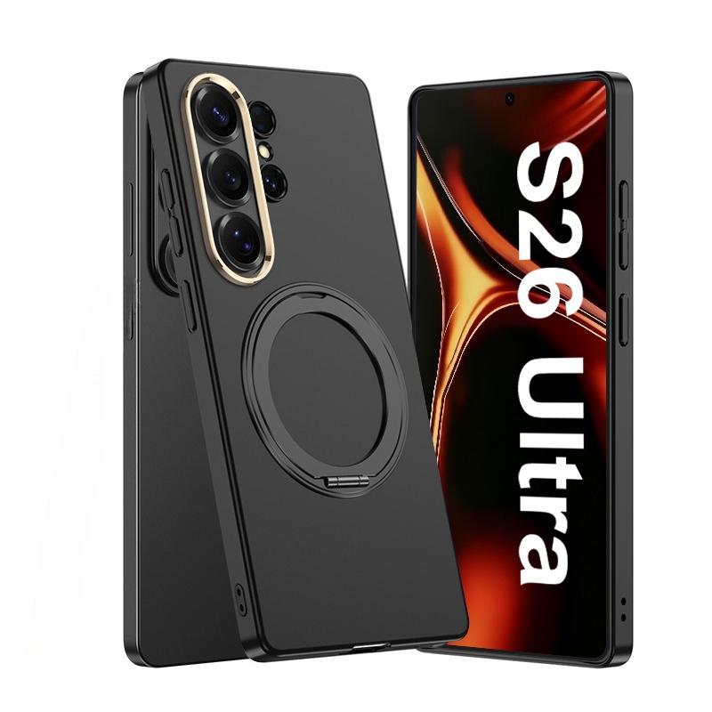Plating Magnetic Wireless Charging Rotating Holder Phone Case for Samsung Galaxy S26 Ultra Leather Shockproof Protective Cover