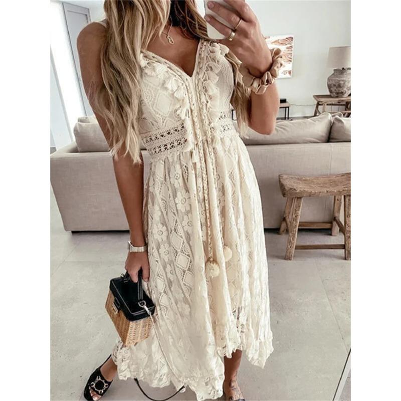 Fashion Women Lace White Long Dress Sleeveless V Neck Flowy Ruffle Dress Summer Bohemian Retro Sexy Beach Holiday Dresses