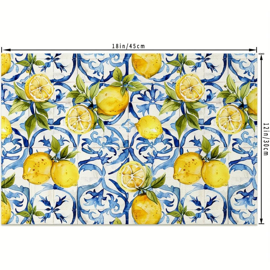 4/6pcs Set of Blue and Yellow Lemon Placemats with Vibrant Fruit and Floral Pattern in Blue Tile. Suitable for Home Kitchen, Restaurant, Party, Indoor