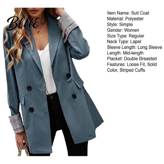 Suit Jacket Women Coat Lapel Long Sleeve Striped Cuffs with Double Breasted Business Outwear Flap Pockets Solid Color Loose Fit