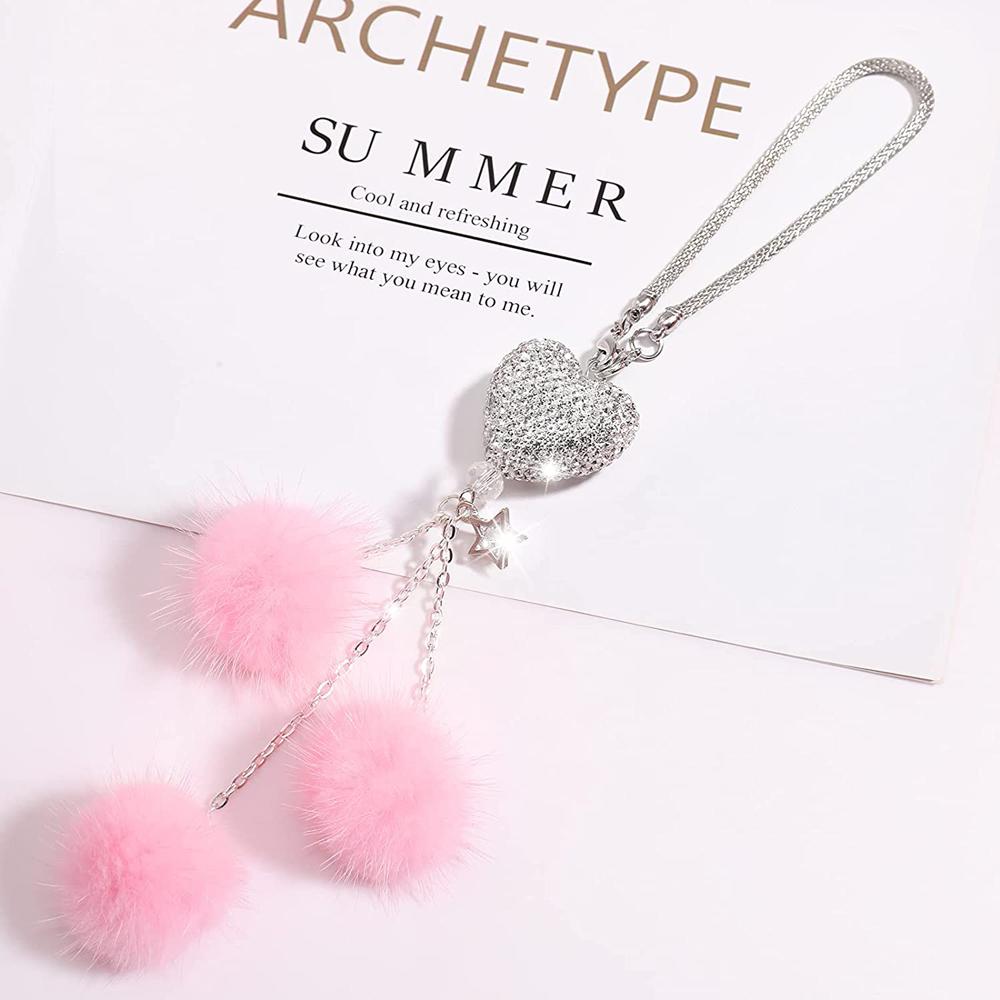 Bling  Rearview Mirror Car Hanging Ornaments Car Crystal Pendant Pink Plush ball Car Charm