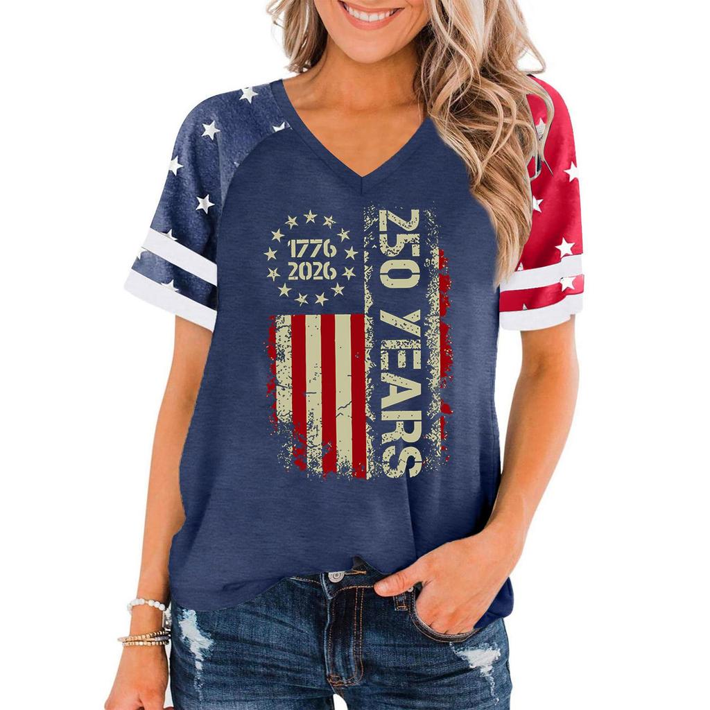 Women's Casual V-Neck Short Sleeve T-Shirt with Independence Day Print