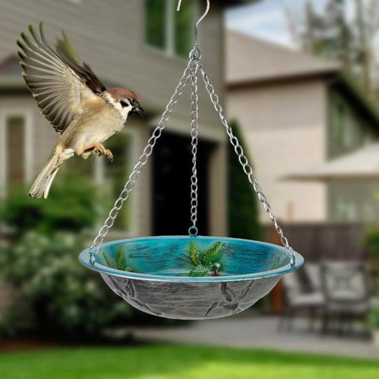 Hanging Metal Bird Feeder Weather-proof Outdoor Garden Patio Yard Hanging Bird Bath Watering Bowl Feeding Device with Detachable Chain