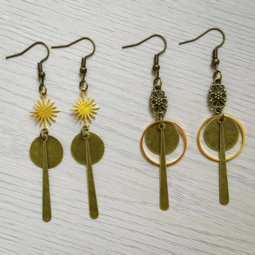 Bohemia Sunburst Geometric Long Dangle Earrings for Women Vintage Brass Drop Earrings Ethnic Vacation Statement Jewelry Gifts