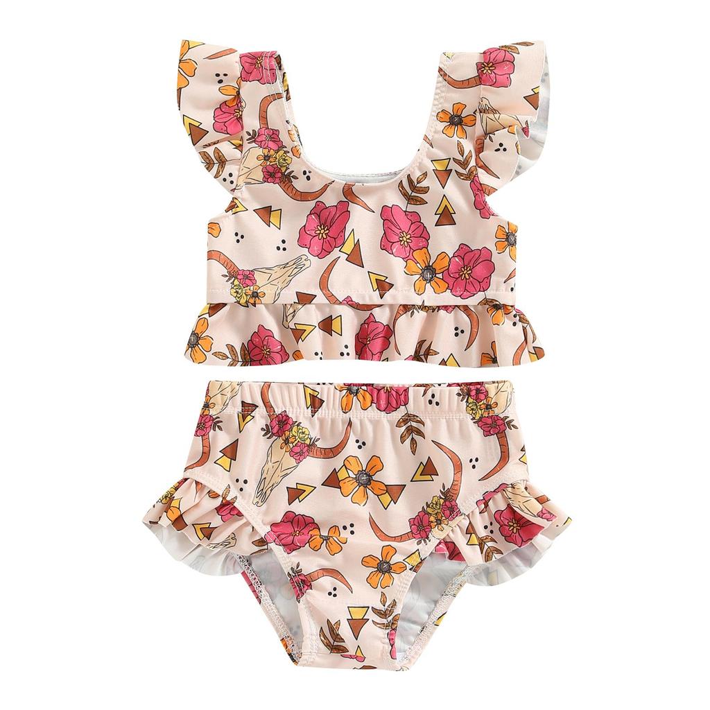 Baby Girls Bikini Set, Flower/Bull Head Print Fly Sleeve Vest with Elastic Waist Briefs Bathing Swimsuit for Summer Beach