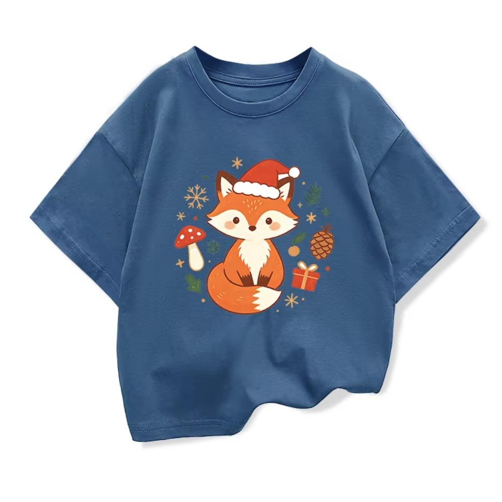 New Cute Cartoon Fox Printed Christmas Children's Gift T-shirt Summer Children's Short Sleeve Printed T-shirt Kids Tops Clothes