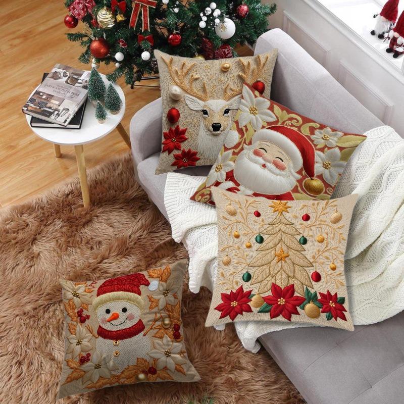 Christmas Khaki 2D Flat Print Pillow Cover Santa Cartoon Home Sofa Holiday Decoration Cushion Cover (excluding Pillow Core)