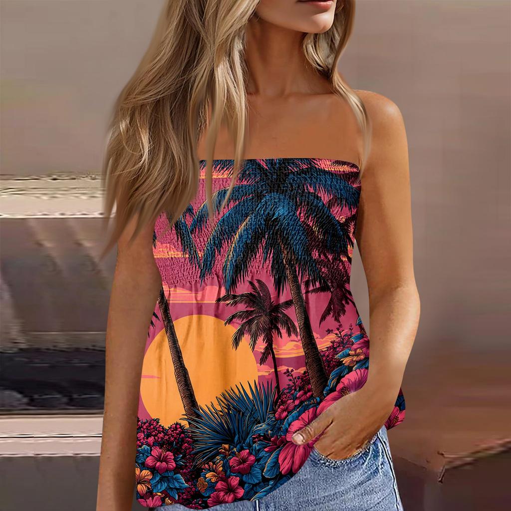 Women's Summer Fashion Strapless Top, Cute and Sexy Off-Shoulder Hawaiian Print Sleeveless T-Shirt