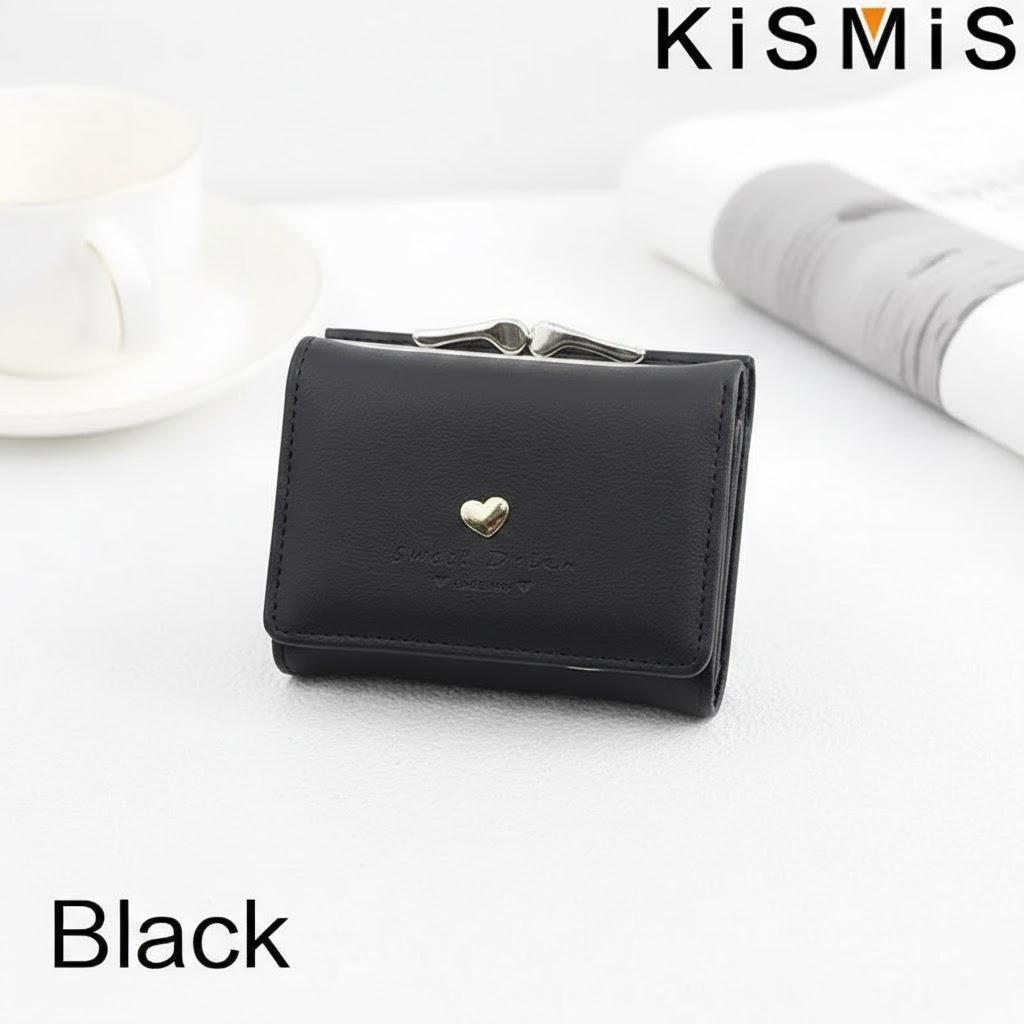Женский трехскладной кошелек Корейская мода Маленький кошелек для мелочи Дизайн с сердцем Стильный женский держатель для карт Кошелек чёрный