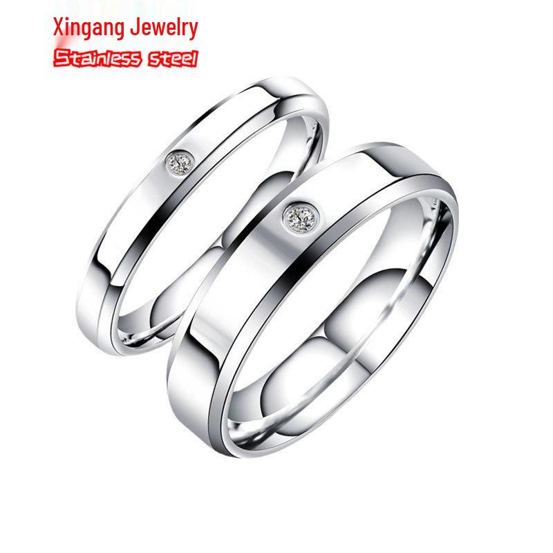 Korean Style Titanium Steel Ring with Inlaid Diamond: Non-Fading, Exquisitely Carved Plain Band for Couples