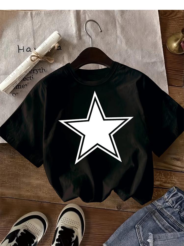 Kids Black Star Graphic TShirt Soft Cotton Minimalist Casual Wear for Boys Girlsdf0105