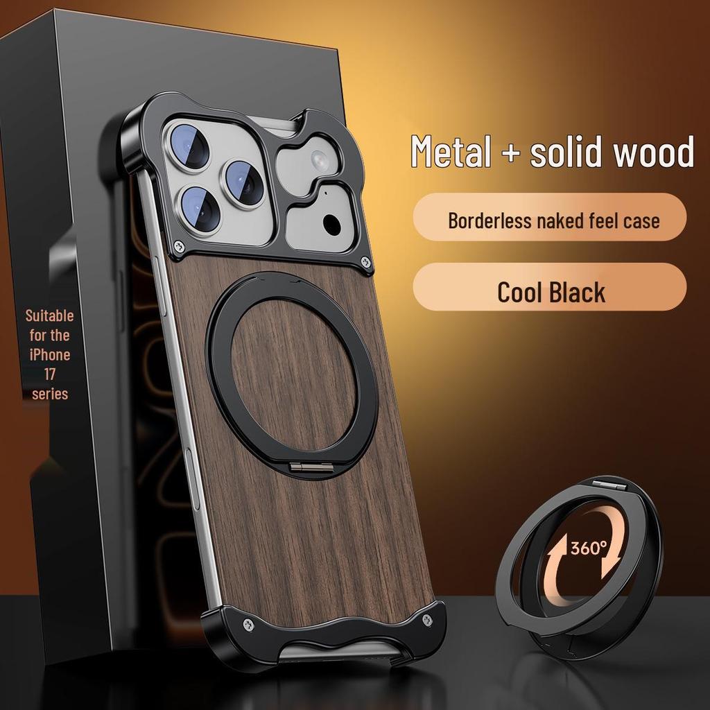 Alien 17 Pro Max Integrated Case with 360° Stand - Solid Wood & Metal, Magnetic Design for 16 Pro Max