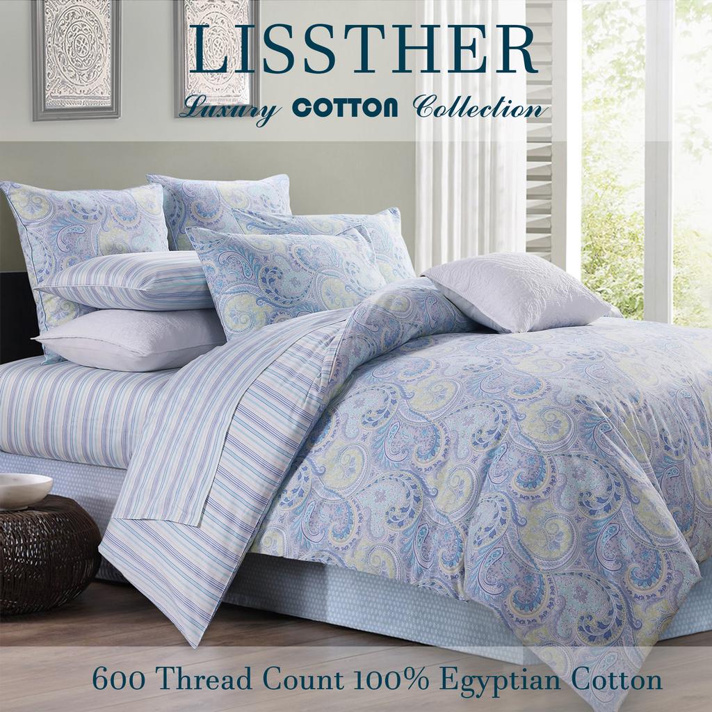 3pcs 600TC 100% Egyptian Cotton Duvet Cover Set, Vintage Blue Damask Paisley, Soft Skin-Friendly (No Inserts)