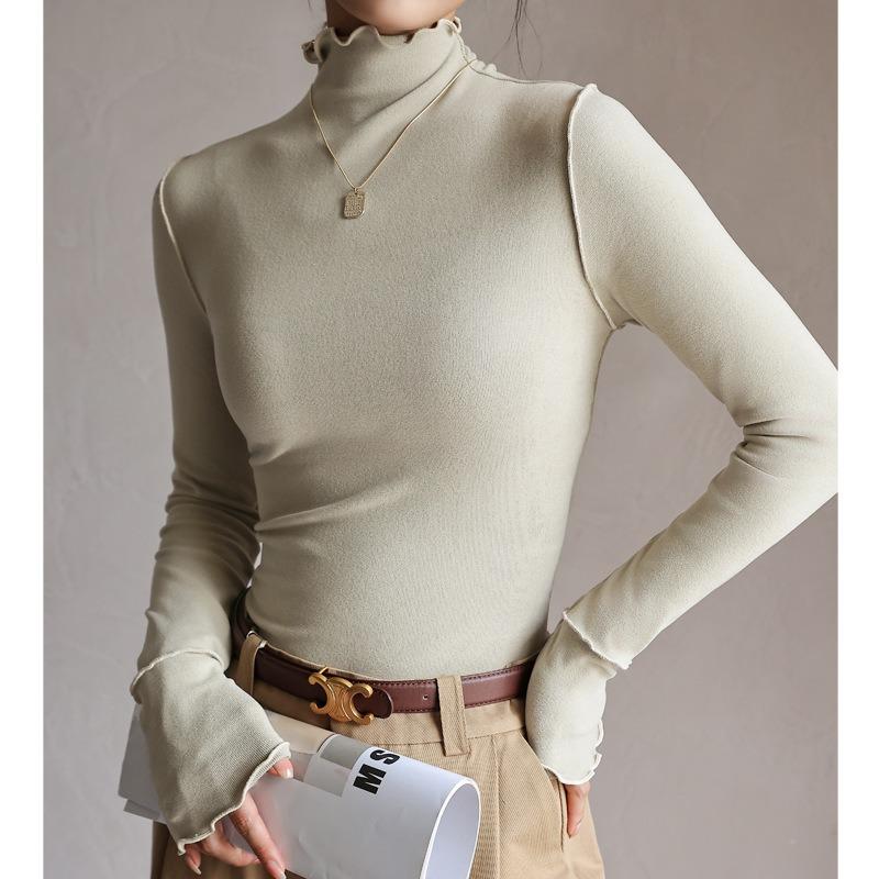 Autumn and Winter Women's Bottom Shirt Wooden Ear Side Half High Neck Dralon Bottom Shirt Inside Long Sleeve Top