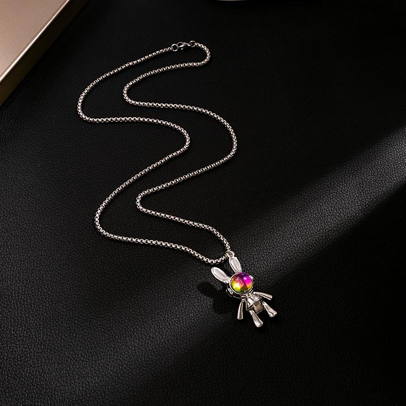 Long Mechanical Space Rabbit Necklace, Cartoon Colorful Gemstone Rabbit Head Pendant, Movable Limbs, High-End Punk Accessories