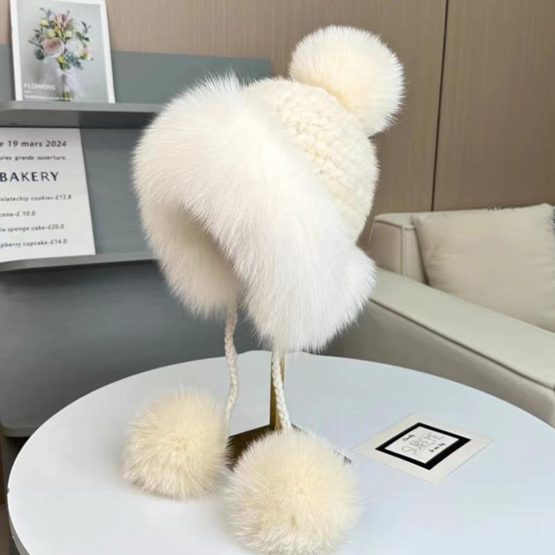 Mink Fur Hat Lei Feng Hat Natural Fur Hat With Fox Fur Ball With Ear Protection Winter Hat For Women Female Warm Knitted Hat