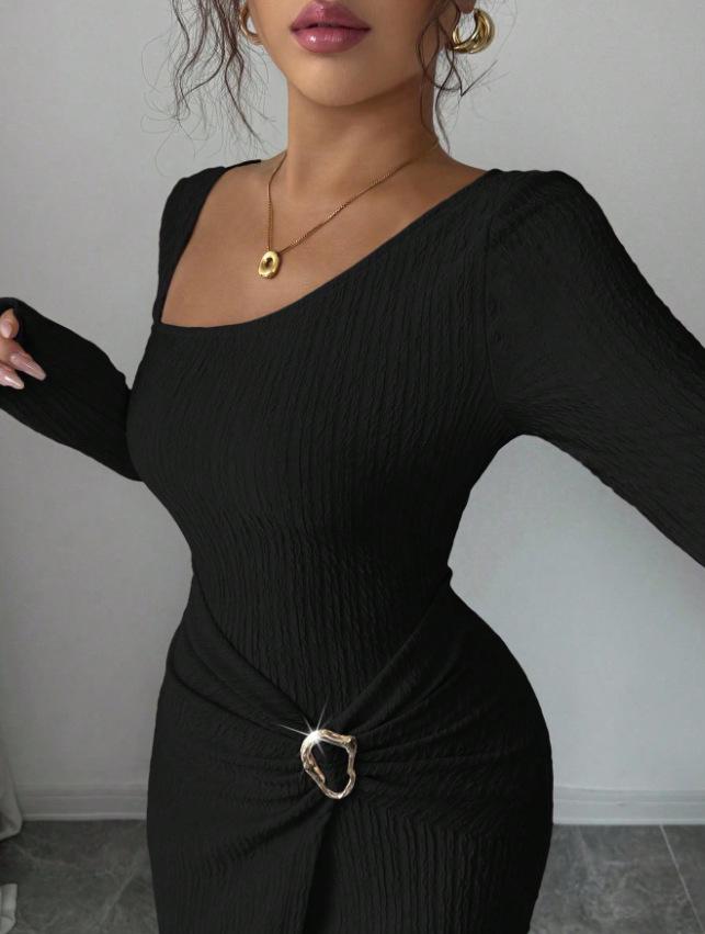 2026 Korean European Style Split Maxi Dress - Elegant Slim Fit Knit with Long Sleeves and Hip-Hugging Design