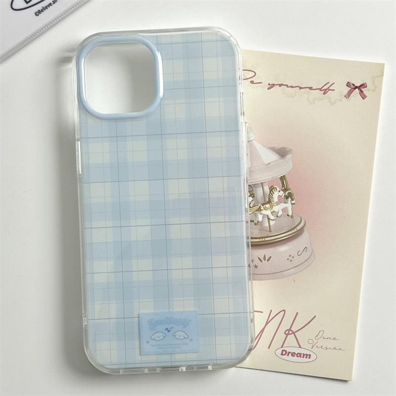 INS Korean Lovely Blue Check Phone Case For iPhone 16 15 14 13 12 11 Pro Max 16E 7 8 Plus X XR XS Max SE Shockproof Back Cover